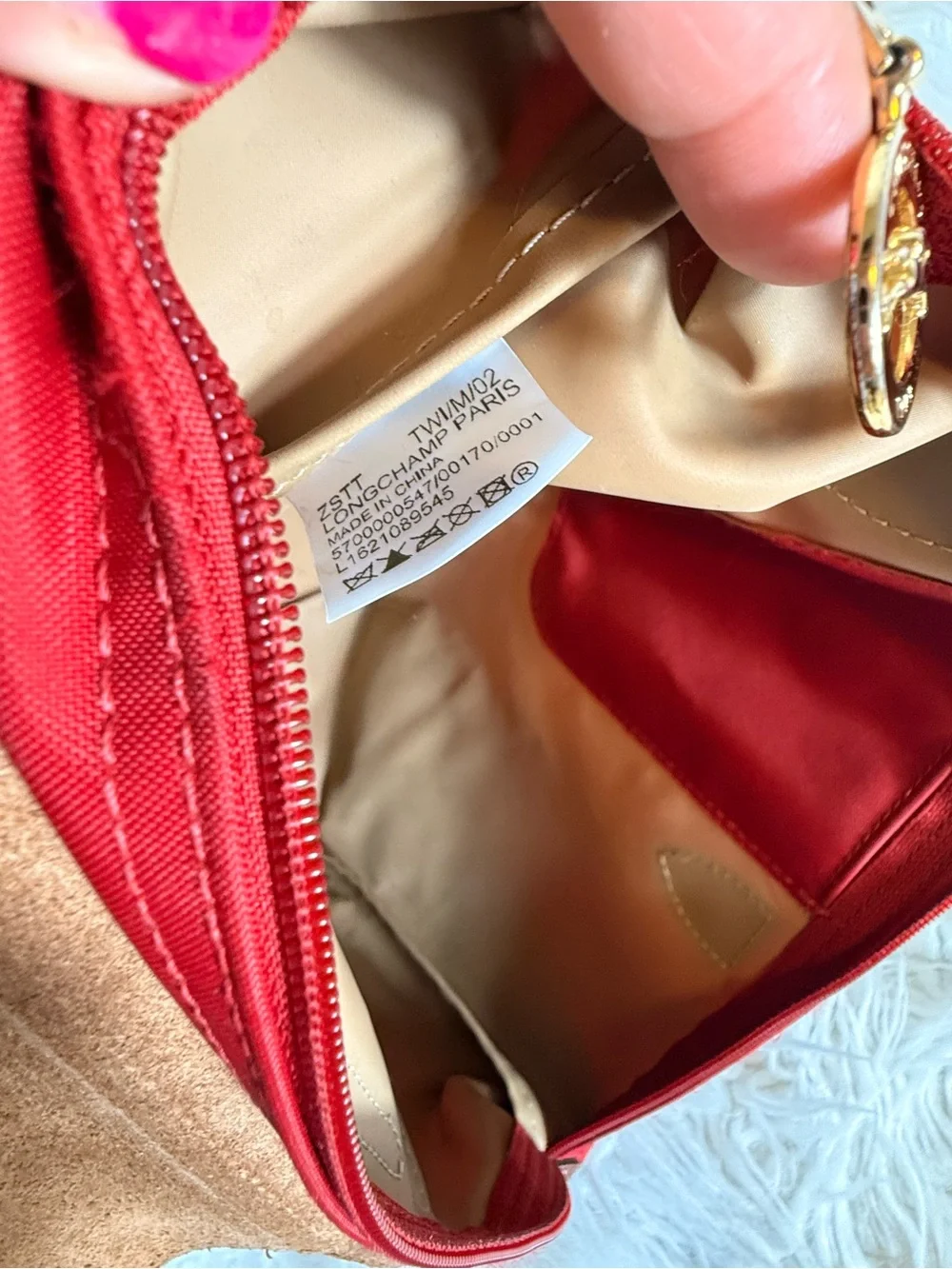 Original Longchamp Red Nylon Tote with Brown Leather Trim small